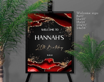 Red Black Gold Birthday Welcome Sign Template (Digital Download)