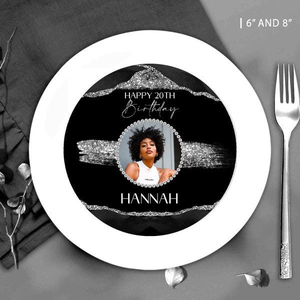 Glam Modern Black Silver Charger Plate Inserts birthday favor party supplies Any AGE decoration printable digital instant download Corjl