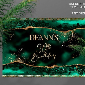 DIY Backdrop Emerald Green and Gold 30th Birthday Party decorations for Her or Him Printable Instant Download Editable Corjl T100 ANY AGE