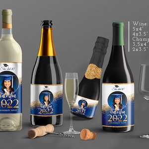 Editable Graduation Blue White wine label, champagne labels Party decorations 2025 with pic Senior 2025 favors Corjl