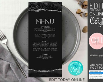 Editable Birthday Menu Template Black and Silver Modern Party Celebration Dinner Table Menus Printable Instant Download Corjl 4x9"