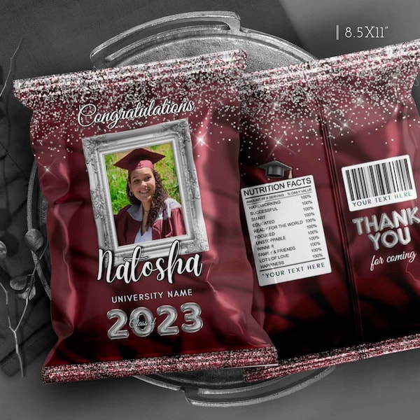 Editable Graduation Burgundy Silver Chip bag, Graduation decorations 2024, Silver Burgundy class of 2024 party favors wrapper Corjl ANY YEAR