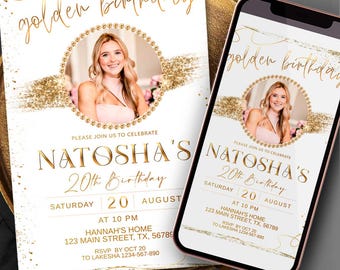 Golden Birthday Invitation: White & Gold Dinner Party, Mobile Evite (Editable Downloads Canva Template)