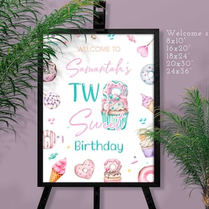 Editable Two Sweet Birthday Welcome sing Pink Yellow Purple Blue Cupcake Ice cream Donut Birthday decorations centerpiece Download Corjl