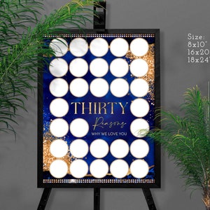 Thirty Reasons Why We Love You Blue Gold Party decorations for Him 30th Birthday Men Birthday Sign In Signature Frame 30 Things