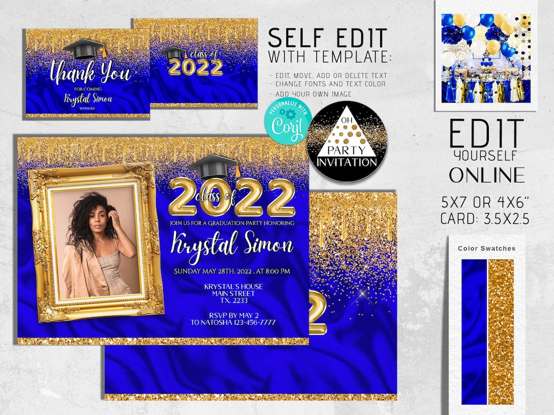 Editable Graduation Invitation With Picture Silk Cobalt Blue and Gold