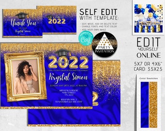 Editable Graduation Invitation with picture Silk Cobalt Blue and Gold template party invite for boy or girl 2024 Evite Corjl DIY ANY YEAR