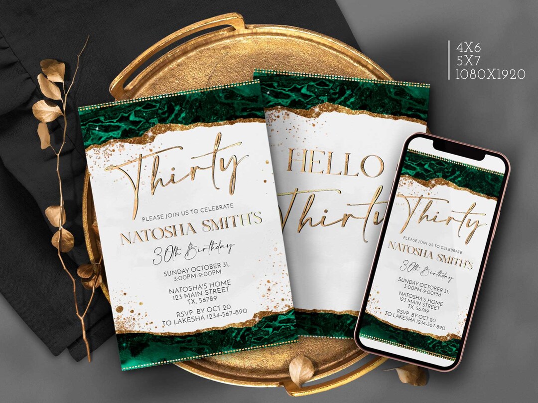 Hello Thirty Birthday Invitation Emerald Green and White Gold Party Invites Printable for Him or ...