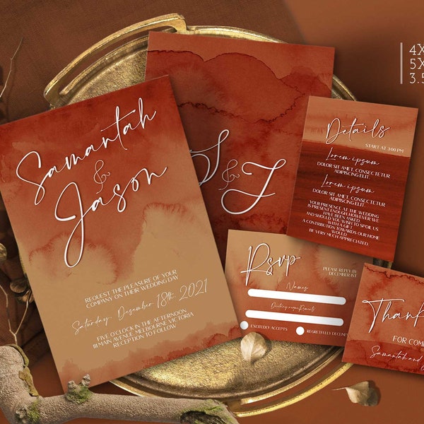 Terracotta Wedding invitations with Rsvp card Rust Minimalist digital invite Reception invites Editable Template download Corjl TW104