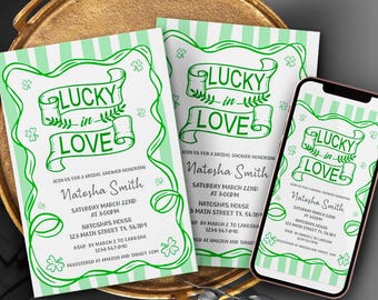 Lucky in Love Bridal Shower Invitation, Hand Drawn St Patricks Day Invite Shamrock Green Clover March Irish Wedding Shower Editable Corjl