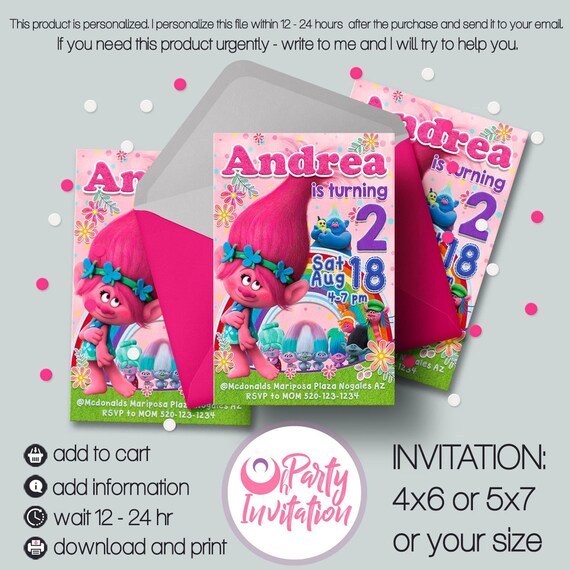 Trolls invitation, Troll birthday invitations, Princess Poppy Troll invitation, Troll party printables, Poppy invitation Trolls party supply Il_570xn