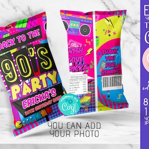 DIY Editable 90s party decoration birthday favors chip bag template party supplies Pink and Black boombox printable instant download Corjl
