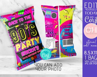 DIY Editable 90s party decoration birthday favors chip bag template party supplies Pink and Black boombox printable instant download Corjl