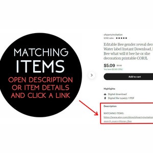 May include: A digital Etsy listing for a gender reveal party. The image features a black circle with the words "MATCHING ITEMS" in white, and below it, "OPEN DESCRIPTION OR ITEM DETAILS AND CLICK A LINK" in red. The listing includes a link to matching items.