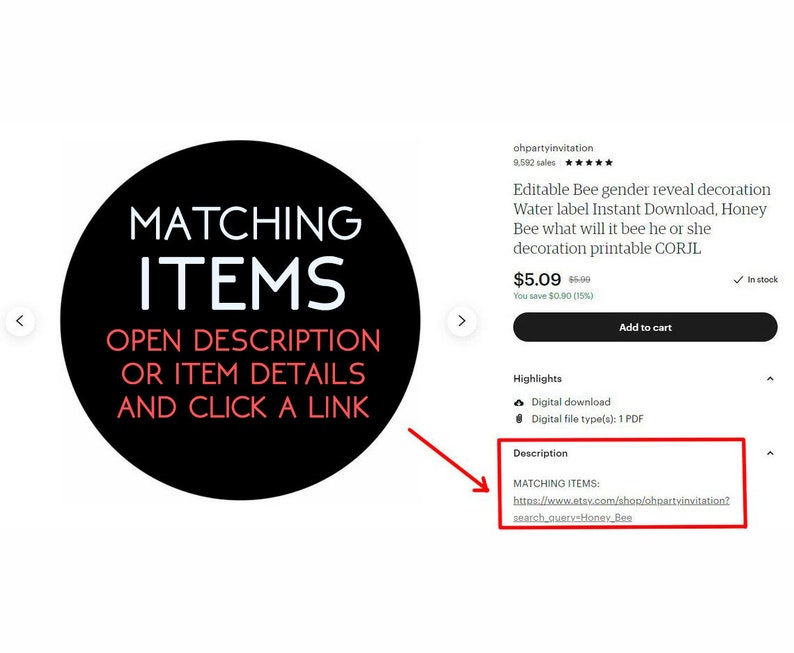 May include: A digital Etsy listing for a gender reveal party. The image features a black circle with the words "MATCHING ITEMS" in white, and below it, "OPEN DESCRIPTION OR ITEM DETAILS AND CLICK A LINK" in red. The listing includes a link to matching items.