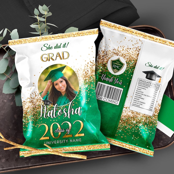DIY Graduation Green White Chip bag Party decorations Senior 2024 favors Editable Corjl