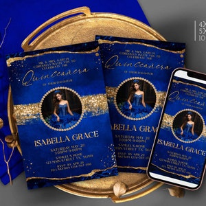 Royal blue quince invite, Royal blue and gold quinceanera Invitations, quinceañera invites, bouquet Quince evite spanish Editable Corjl