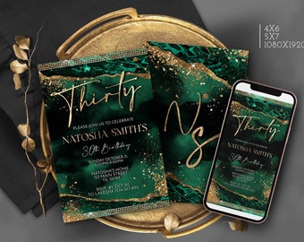 30th Birthday Invitation Emerald Green and Gold Party Invites Printable template for Him or Her Evite Digital Download Corjl T100 ANY AGE