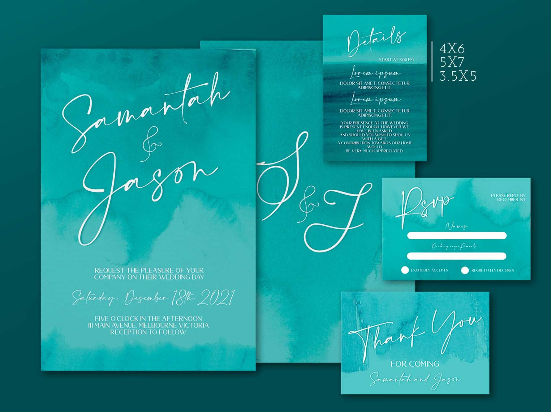 Teal Wedding Invitations With Rsvp Card Watercolor Minimalist Etsy