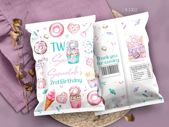 Editable Two Sweet chip bag, Birthday Decorations Pink Yellow Purple Blue Cupcake Ice cream Donut Treats party favors Instant Download Corjl Il_570xn