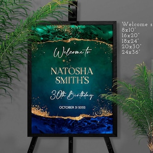 Emerald Green and Royal Blue birthday Welcome sing Party decorations 30th birthday Printable Download Editable on Corjl T114 ANY AGE