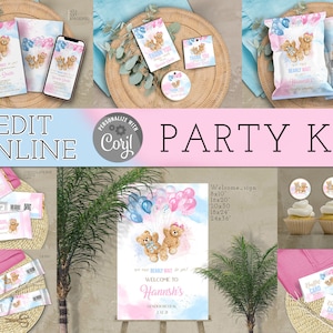 Editable We Can Bearly Wait Gender reveal, Teddy Bear party decorations, he or she decor favor Bundle 5 printables Instant Download Corjl