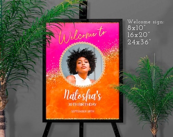 Orange Pink Gold Birthday Welcome Sign: Photo Banner Party Decor T118 (Editable Canva Template)