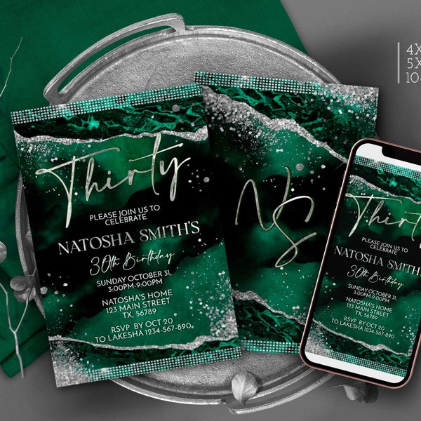 30th Birthday Invitation Emerald Green and Silver Party Invites Printable template for Him or Her Evite Digital Download Corjl T100 ANY AGE