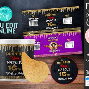 DIY Editable Dripping Swag chip Pringles template birthday party favor Sweet sixteen decoration printable digital download Corjl ANY AGE
