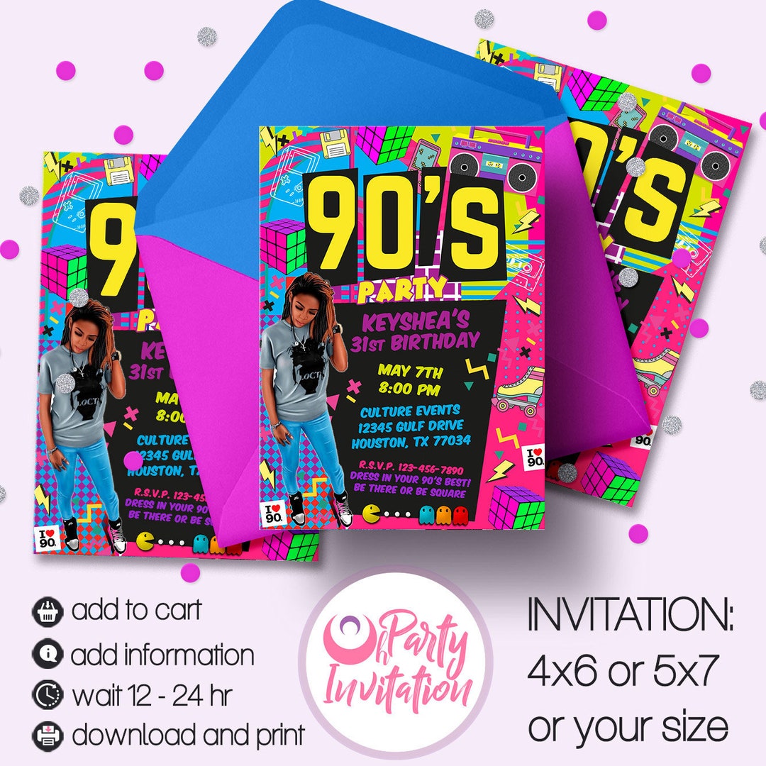 90s Theme Party Birthday Invitation With Photo Pink and Black Boombox