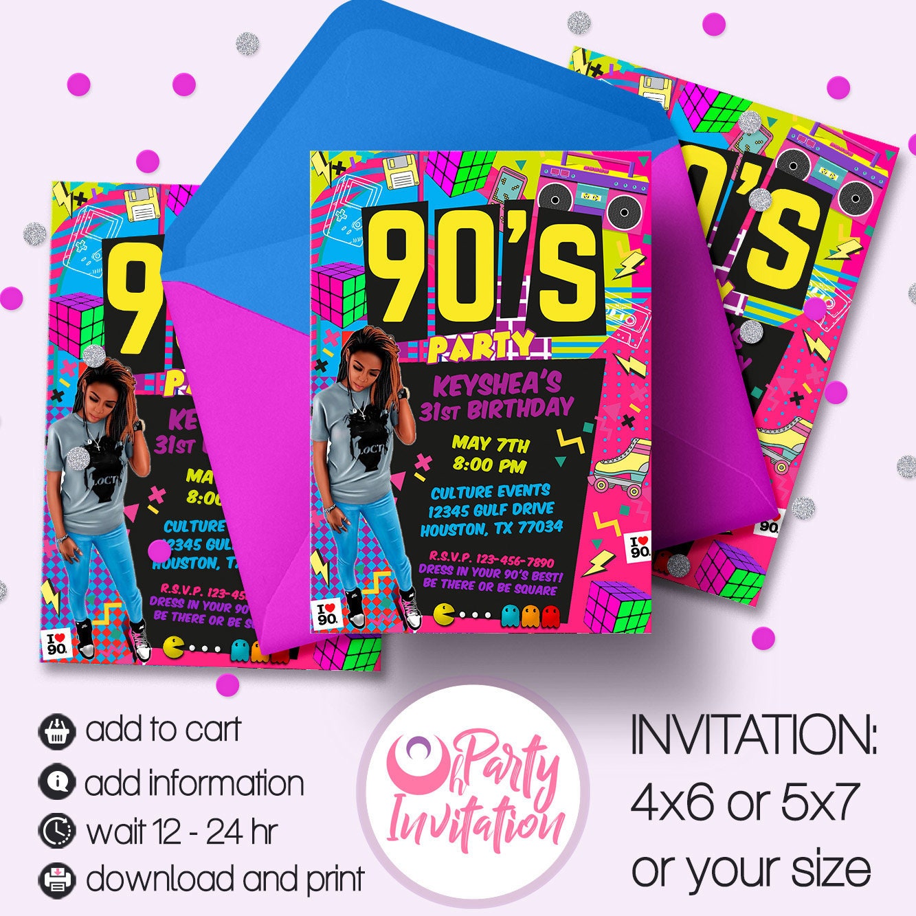 90s theme party birthday invitation with photo Pink and Black boombox invite printable digital download. Can be for 80's party