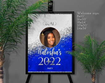 Blue White Silver 2026 Graduation Welcome Sign: Poster Photo Grad Party Decor (Editable Canva Template)
