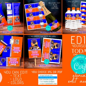 DIY ANY COLOR College Trunk Party favors decorations 2025 Candy bar, chip bag, fans, wine label, water bottle label Editable on Corjl