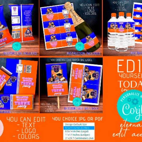 DIY ANY COLOR College Trunk Party favors decorations 2024 Candy bar, chip bag, fans, wine label, water bottle label Editable on Corjl