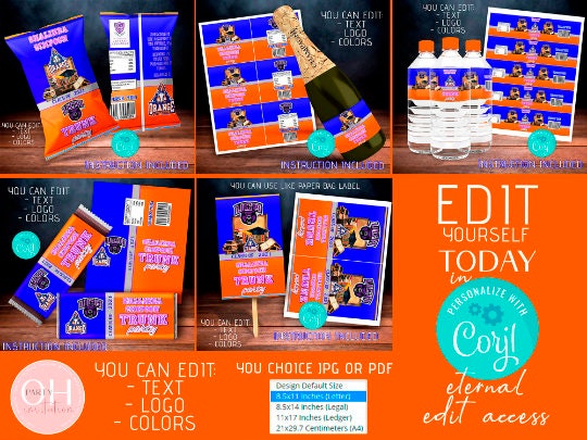 DIY ANY COLOR College Trunk Party favors decorations 2025 Candy bar, chip bag, fans, wine label, water bottle label Editable on Corjl