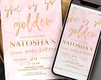 Blush Pink & Gold Birthday Invitation: She's So Golden Party Invites Printable ( Editable Canva Template)