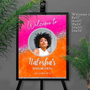 Pink and Orange Silver Welcome sign Adult Birthday Party Decoration Printable template with photo banner Digital Download Corjl T118 ANY AGE