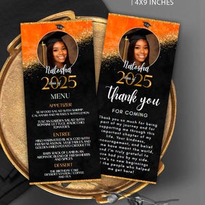 Graduation Orange Black Menu Template and Thank you card with pic Senior 2025 Grad Class of Party decorations 2025 Corjl
