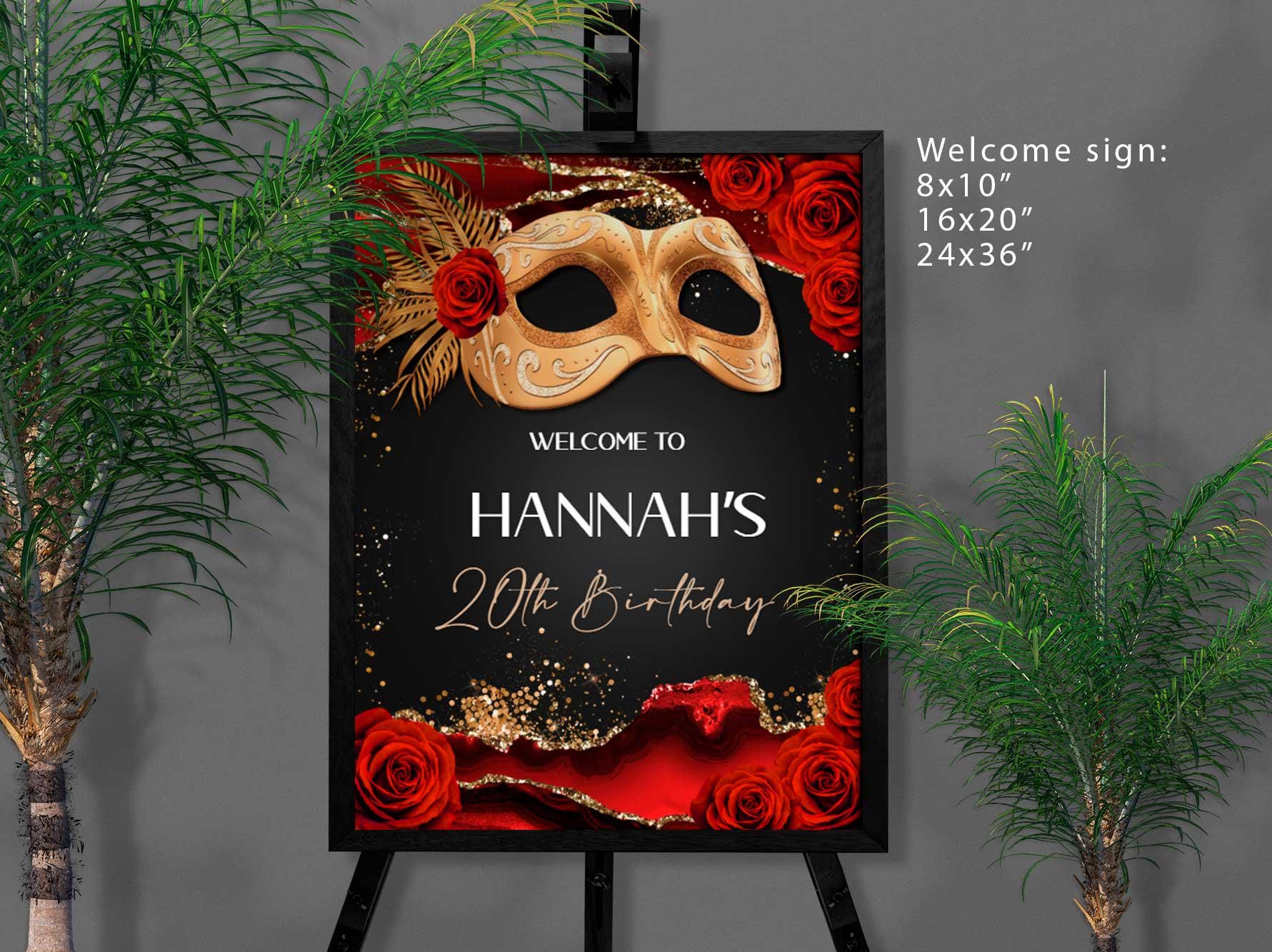 Masquerade Ball Welcome Poster: Red Rose Sign Birthday Party Decoration ...