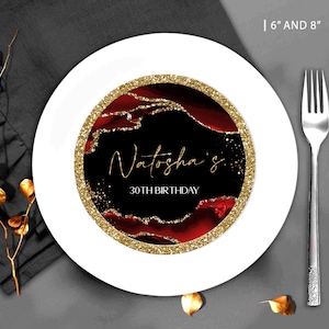 DIY Red Black and Gold Charger Plate Inserts 30th birthday party decorations charger inserts party favor for her Download Corjl T108 ANY AGE