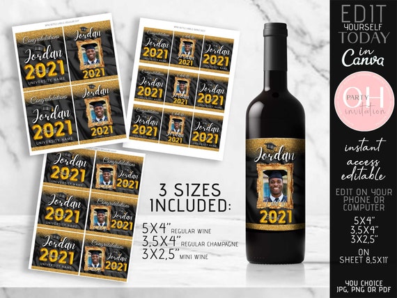 Editable Graduation Wine label and Champagne labels black gold stickers Graduation decorations class of 2021 party supplies download CANVA Il_570xn
