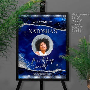 DIY Royal blue and Silver Welcome sign Birthday Party decoration with Photo for Him for Her Digital Download Editable on Corjl T107 ANY AGE