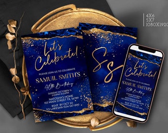 Blue and Gold Birthday Invitation: Elegant Dinner Party Evite