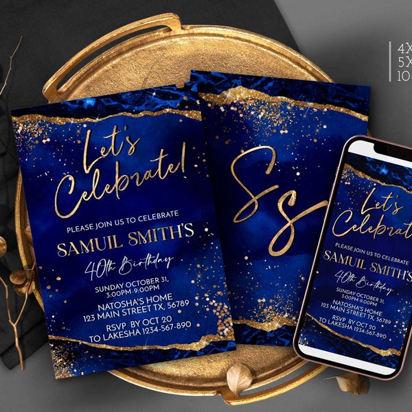 Lets Celebrate Blue and Gold Birthday invite 30th 40th 50th 60th 70th Party invitation for Her or for Him evite Dinner Party Corjl T107