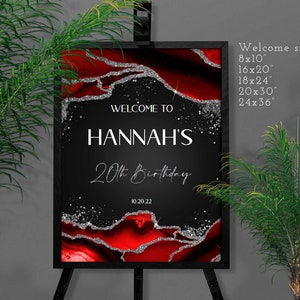 Red Black Silver Birthday Welcome Sign: Editable Party Decor (Digital Download)