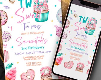 Two Sweet Birthday Invitation Girl: Pink Yellow Purple Blue Cupcake Ice cream Donut Birthday Invite  (Editable Canva template)