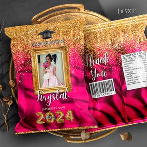 Editable Graduation Chip bag with photo pink gold template boy Graduation decorations class of 2025 party favors download CORJL ANY YEAR
