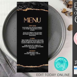 Black and Gold Birthday Menu Template: Modern Party (Printable Instant Download)