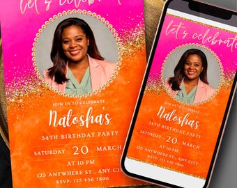 Orange Pink Gold Birthday Invitation: Printable Party Evite Template T118 (Digital Download Canva)