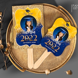 Editable Graduation Yellow Blue Fans Senior 2025 favors centerpieces Party decorations 2025 Corjl